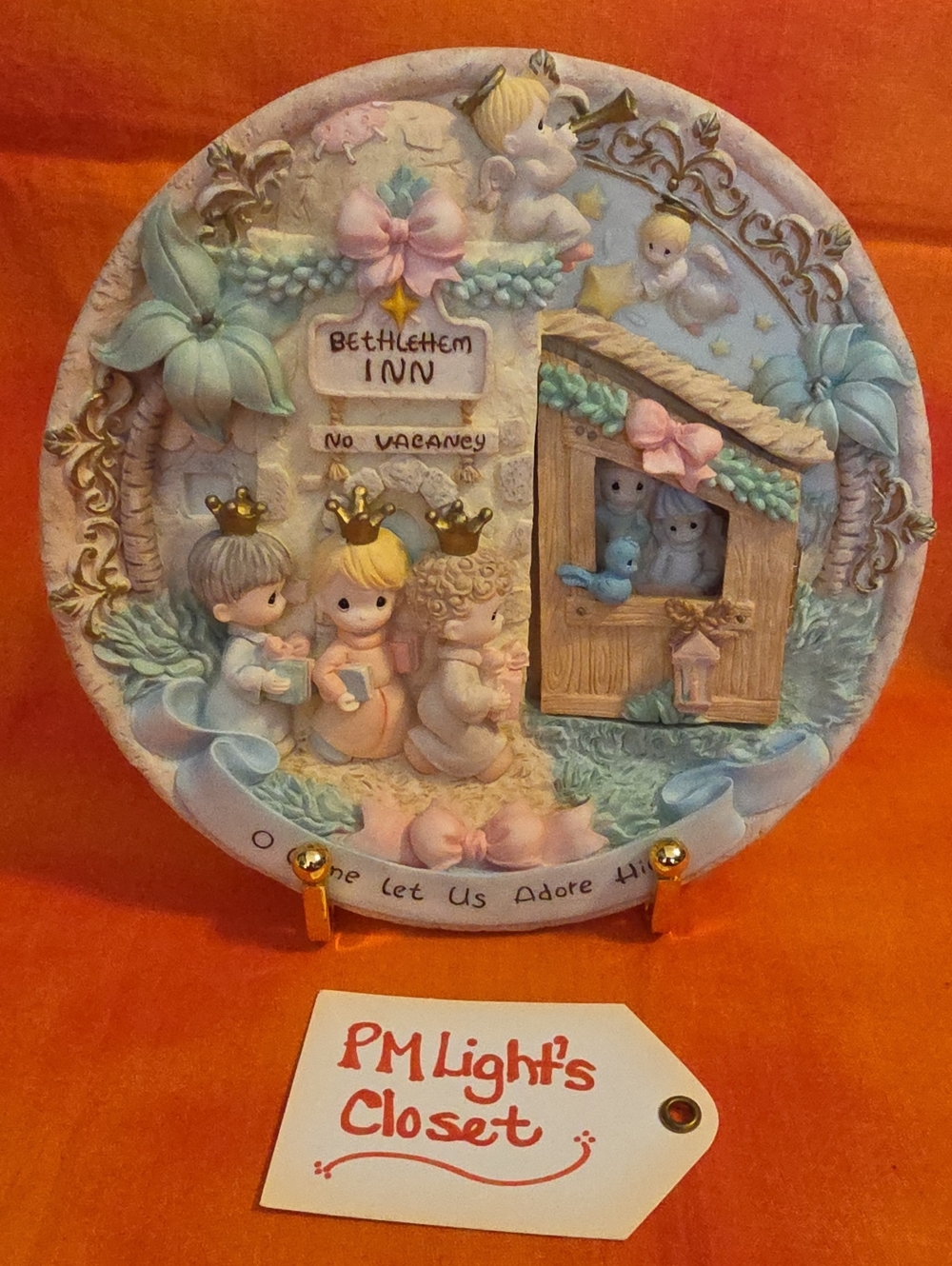 Precious Moments Bethlehem Inn Decorative Plate Pastel Blue Pink Gold Accents 3D